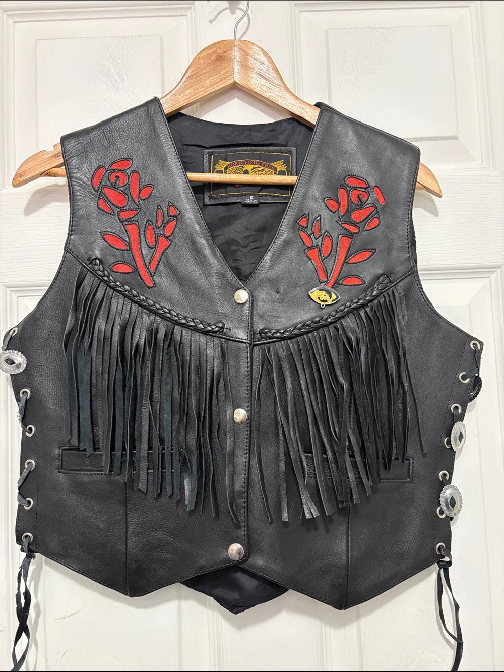 Vintage Women’s Black Leather Fringe Corset Vest with Red Rose Inlay